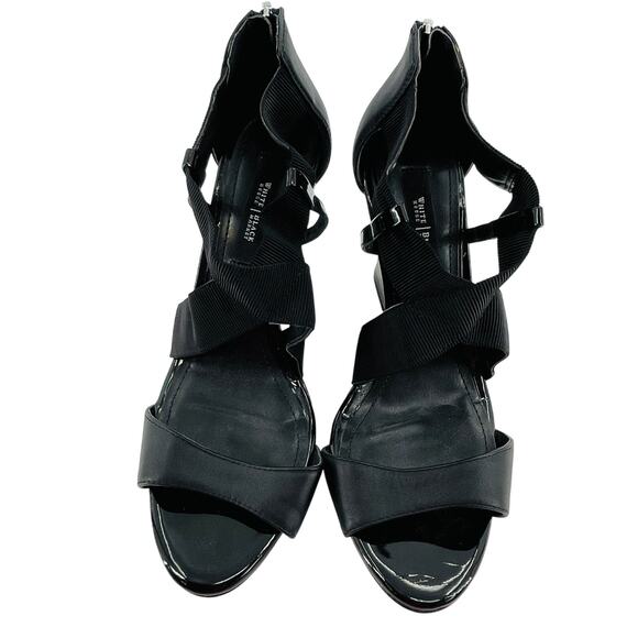 WHBM Black Leather Strappy Career Chic Zip Back Elastic Ankle Wedge Heel 9.5 - Picture 3 of 10